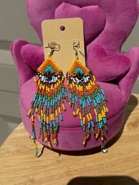NWT Colorful Beaded Fringe Blessed Eye Dangle Earrings